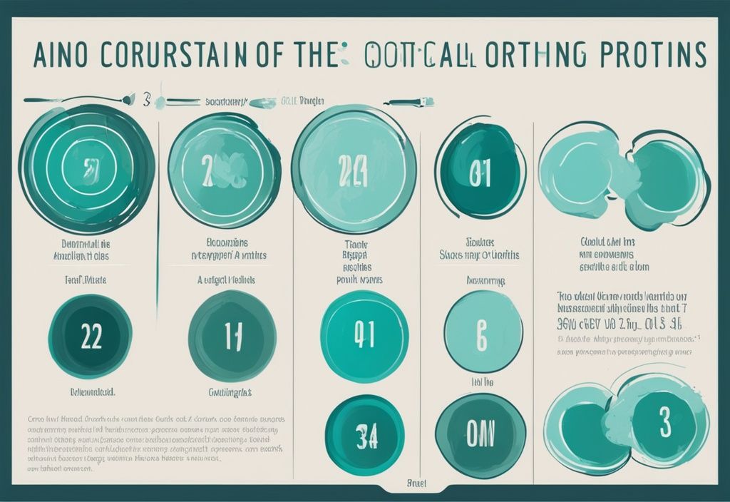 Illustrazione digitale moderna con tema principale color teal, infografica che mostra la correlazione tra aminoacidi essenziali quante proteine corrispondono.