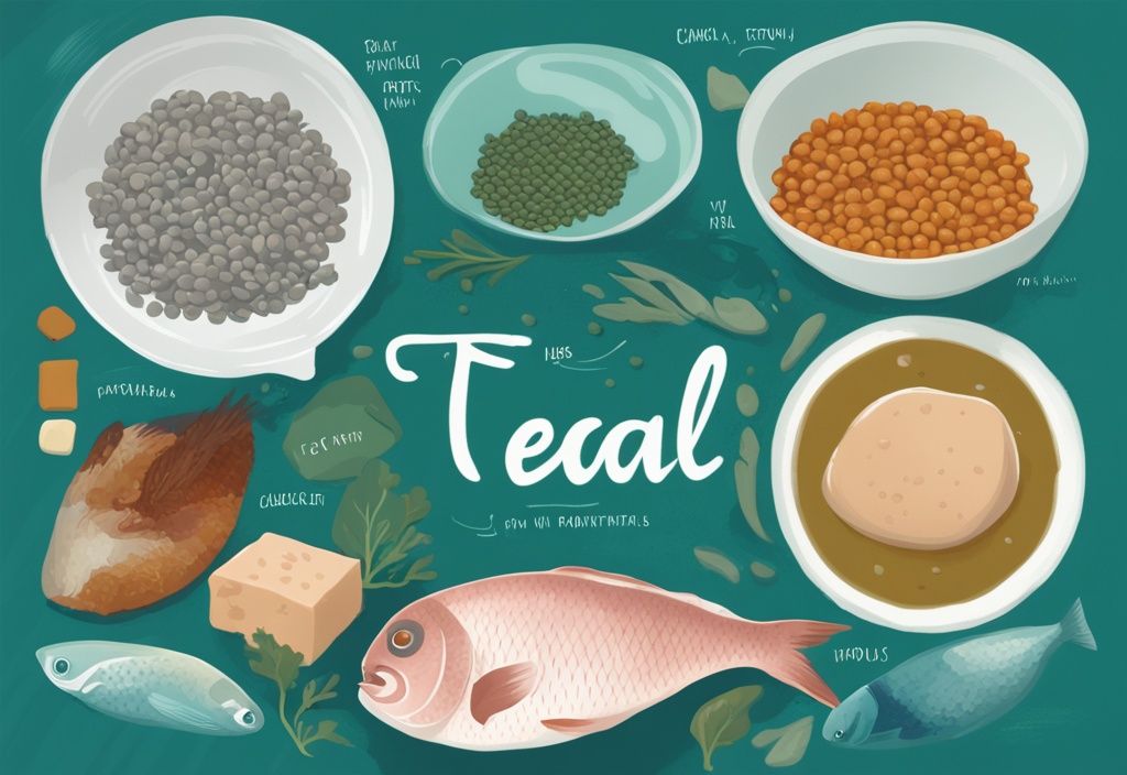 Illustrazione digitale moderna con tema principale color teal che mostra diverse fonti di proteine, tra cui pesce, pollo, lenticchie e tofu, ciascuna etichettata.