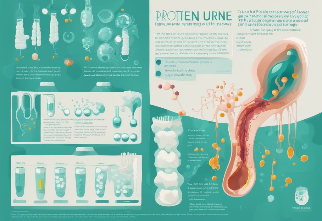 Illustrazione digitale moderna con tema colore teal che mostra un'infografica sul processo di perdita di proteine nelle urine a causa di danni ai reni, con elementi visivi che rappresentano reni, molecole di proteine e urina.