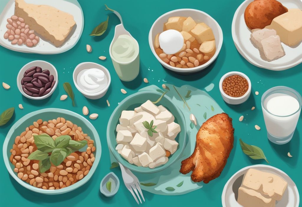 Illustrazione digitale moderna con tema colore teal, raffigurante cibi come petto di pollo, tofu, fagioli e yogurt, con quantità di proteine indicate per un totale di 60 grammi di proteine a cosa corrispondono.