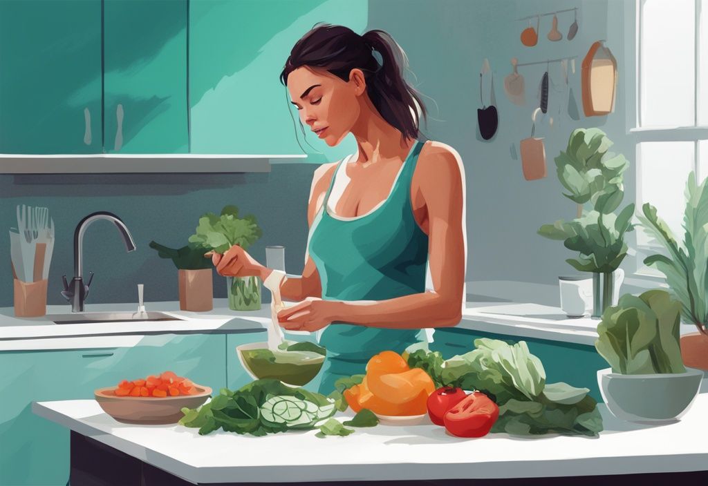 Illustrazione digitale moderna con tema colore teal, donna che prepara un'insalata ricca di proteine nella sua cucina, con aiuti visivi che spiegano l'apporto proteico giornaliero raccomandato per la perdita di peso.