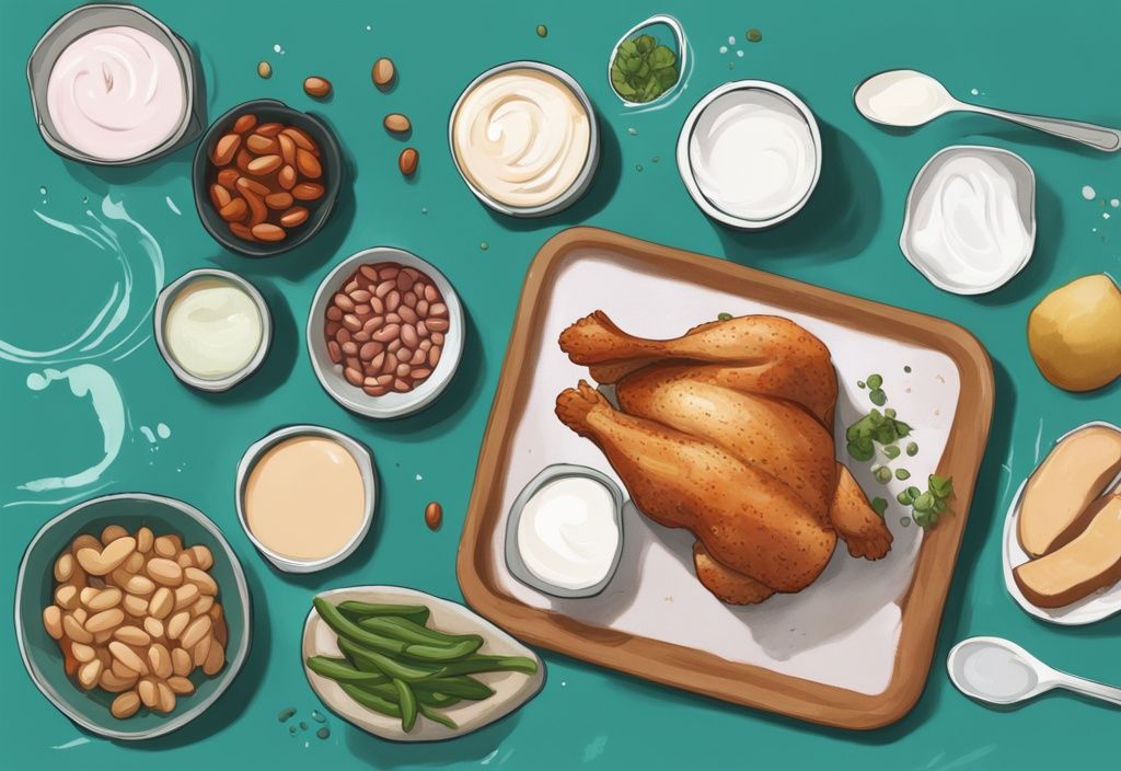 Illustrazione digitale moderna con tema principale color teal, che mostra alimenti come petto di pollo, tofu, fagioli e yogurt, con le rispettive quantità di proteine, per un totale di 60 grammi di proteine a cosa corrispondono.