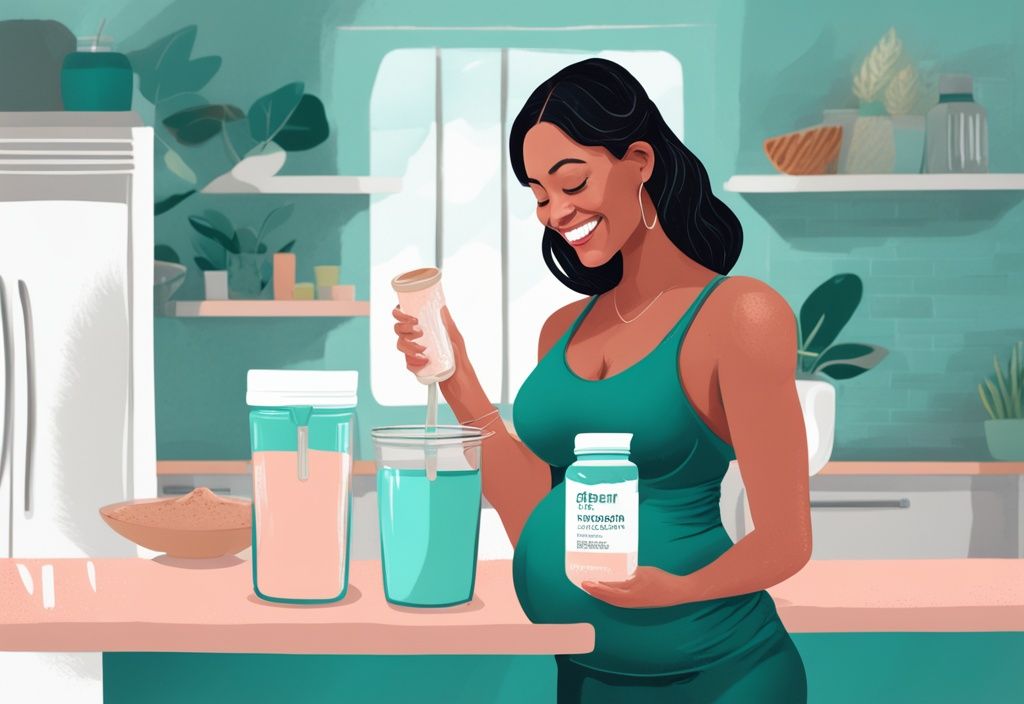 Donna incinta sorridente con cucchiaio di proteine in polvere in gravidanza sopra un frullato sano, illustrazione digitale moderna con tema colore teal.