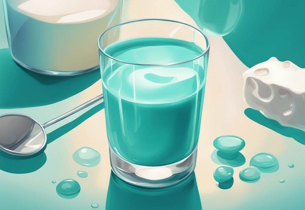 Illustrazione digitale moderna in toni di teal che mostra un bicchiere di latte con una lente d'ingrandimento che rivela le proteine del latte contengono lattosio.