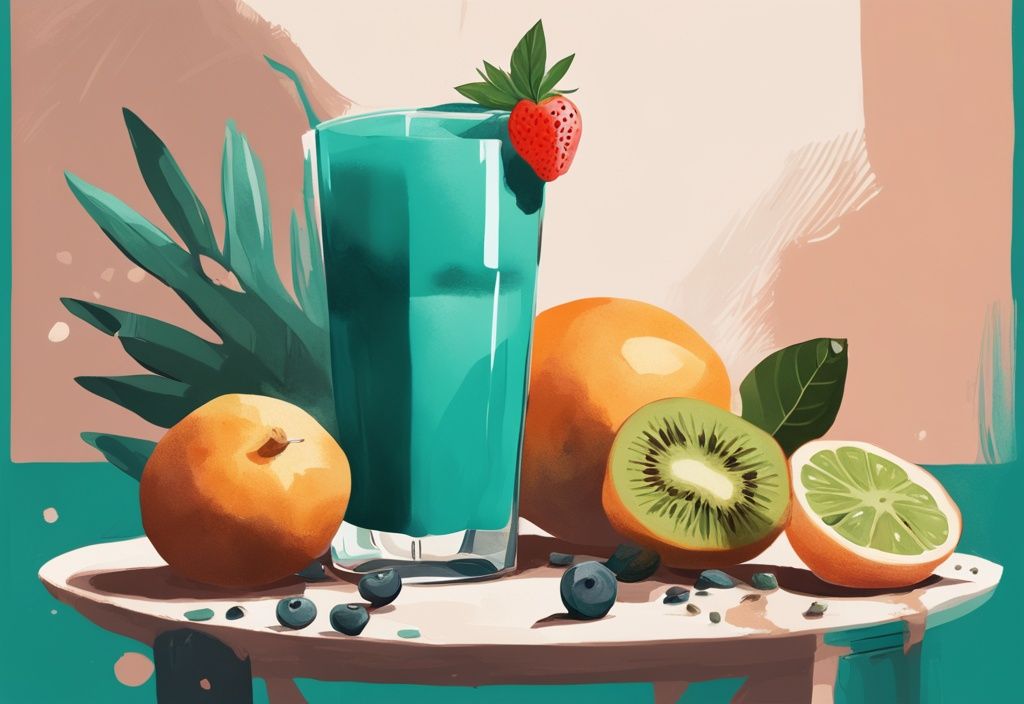 Illustrazione digitale moderna di un bicchiere alto e rinfrescante di frullato proteico fatto in casa con frutta fresca e semi, accanto agli ingredienti naturali su sfondo color teal.