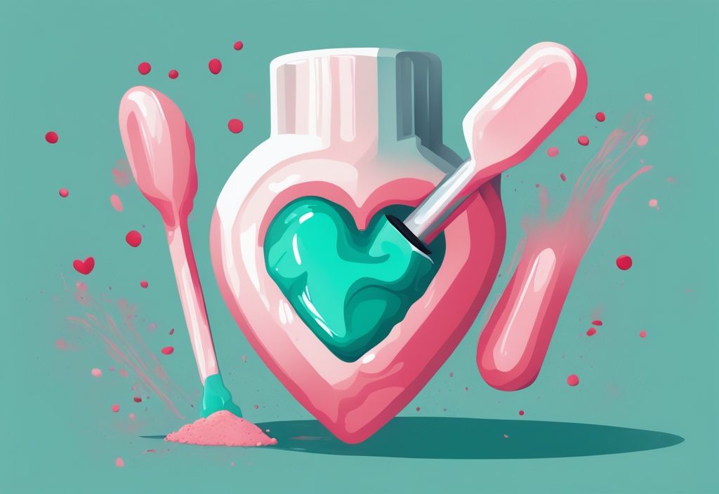 Illustrazione digitale moderna di un cuore umano astratto parzialmente coperto da un misurino di proteine in polvere, con simbolo di cautela che implica il potenziale danno; proteine in polvere fanno male al cuore.