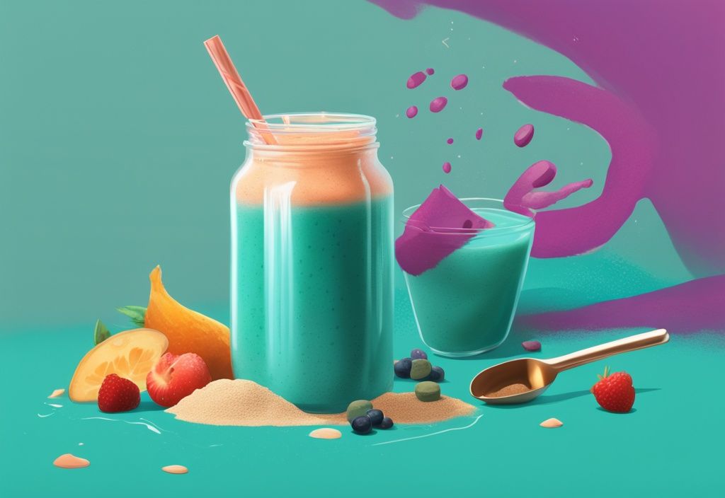 Illustrazione digitale moderna con tema colore teal, proteine in polvere calorie visibili accanto a un frullato vibrante.