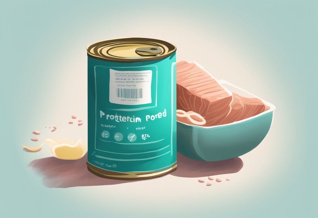 Illustrazione digitale moderna con tema color teal, lattina di tonno in scatola aperta che mostra il cibo ricco di proteine, etichetta nutrizionale che evidenzia l'alto contenuto di proteine tonno in scatola.