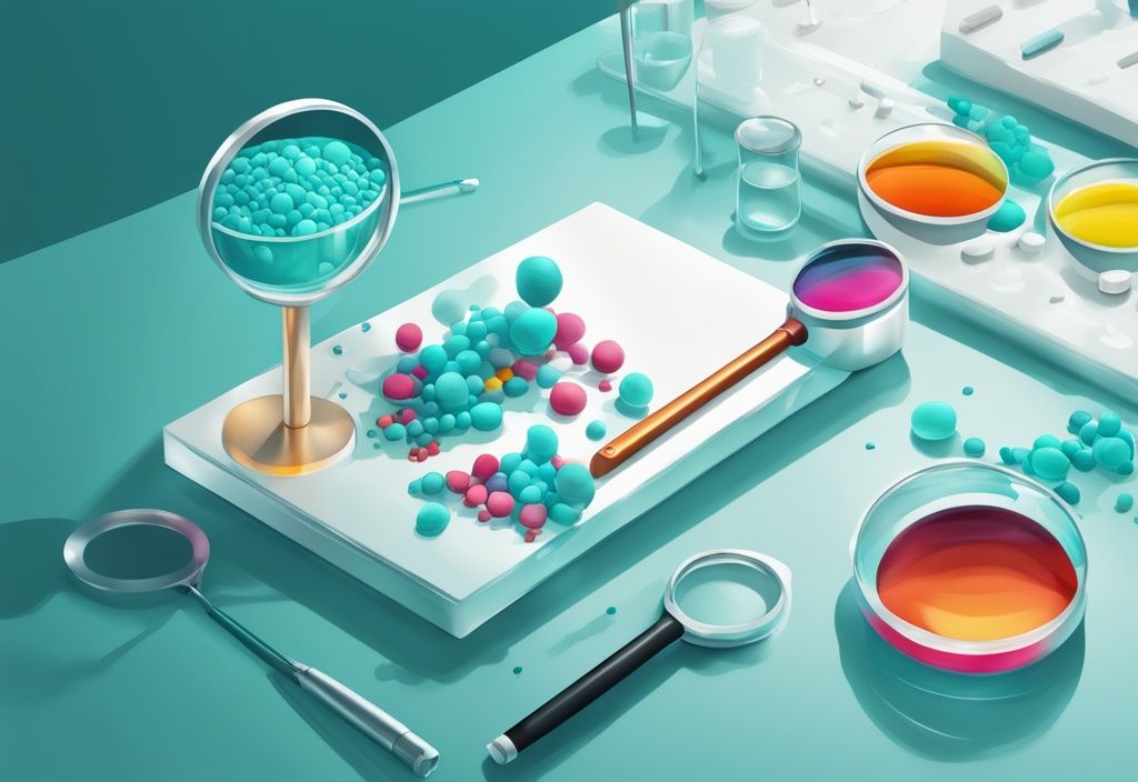 Illustrazione digitale moderna con tema principale color teal, lente d'ingrandimento che focalizza un filamento 3D colorato di amminoacidi che si avvolgono in proteine su un tavolo da laboratorio bianco.