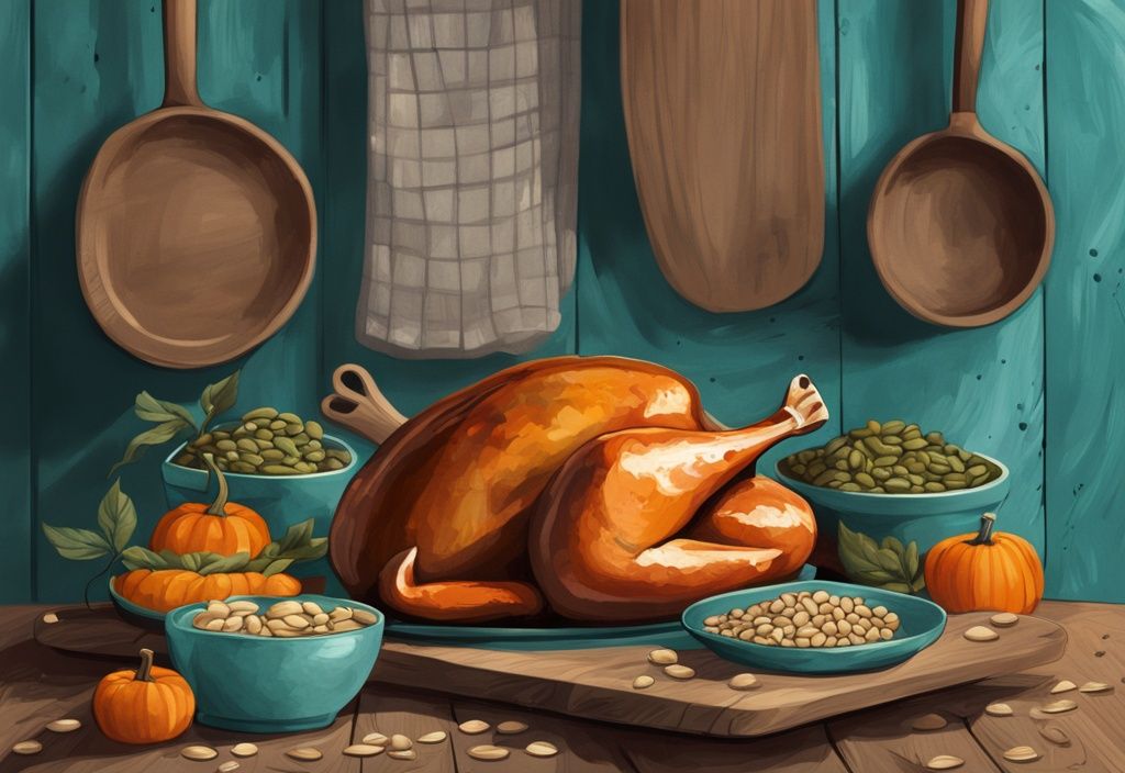 Illustrazione digitale moderna con tema principale color teal, cibi ricchi di arginina come tacchino, semi di zucca e lenticchie su sfondo di cucina rustica.