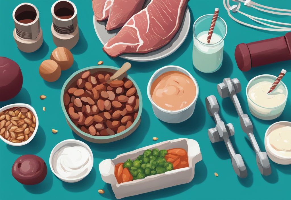 Illustrazione digitale moderna con tema principale in teal, raffigurante alimenti ricchi di proteine per muscoli come carni magre, pesce, uova, yogurt, fagioli e noci in un ambiente da palestra con manubri e bande di resistenza sullo sfondo.