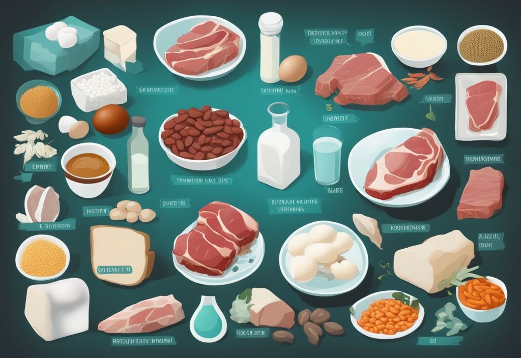 Illustrazione digitale moderna di fonti di proteine come carne magra, pollame, pesce, fagioli, uova e latticini, con contenuto proteico etichettato, per un piano alimentare bilanciato di 60 grammi di proteine giornaliere, tema colore teal.