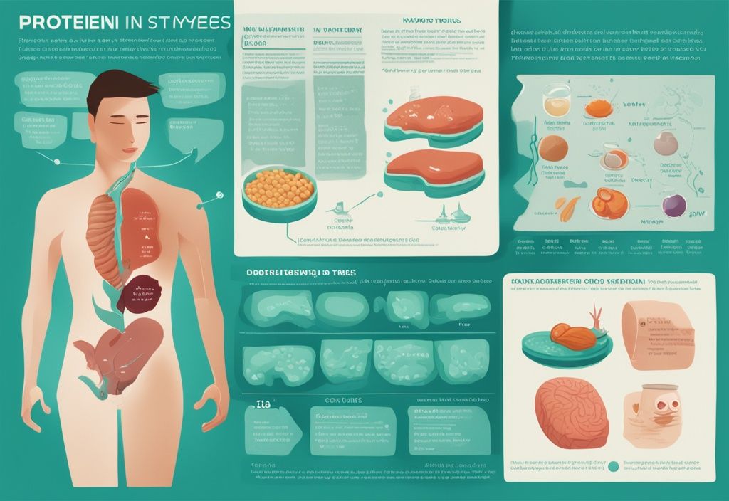 Illustrazione digitale moderna che mostra un'infografica sulla digestione delle proteine nel corpo umano, con diverse fasi ed enzimi coinvolti, tema colore teal.