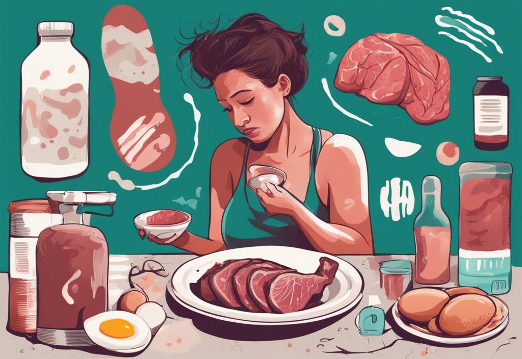 Illustrazione digitale moderna con tema colorato teal che mostra un individuo che eccede nel consumo di alimenti ricchi di proteine come carne e uova, con grafici sovrapposti che raffigurano sintomi comuni come nausea, gonfiore e stress renale.