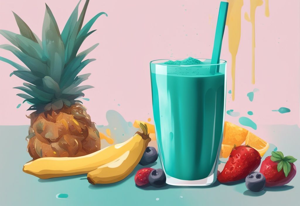 Illustrazione digitale moderna con tema colore teal, proteine in polvere calorie visibili accanto a un frullato vibrante.