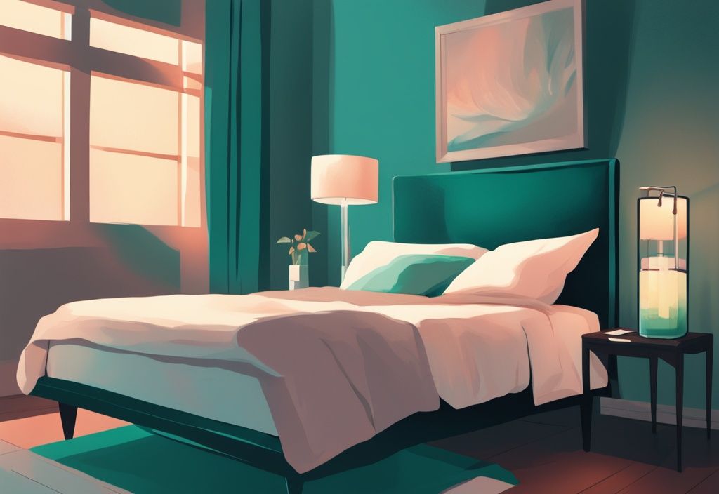 Illustrazione digitale moderna di una camera da letto serena con tema di colore teal e un bicchiere di frullato proteico sul comodino sotto luce soffusa.