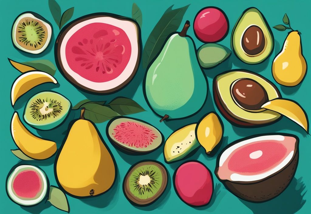 Illustrazione digitale moderna di frutta con più proteine come guava, avocado e frutto della passione su sfondo verde acqua.