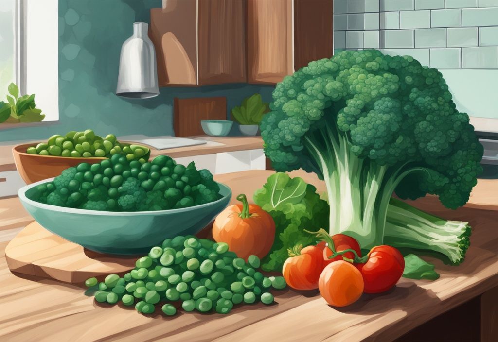 Illustrazione digitale moderna di verdure ad alto contenuto proteico come spinaci, broccoli, piselli e cavolo riccio su un bancone da cucina in legno, con tema principale colore teal.