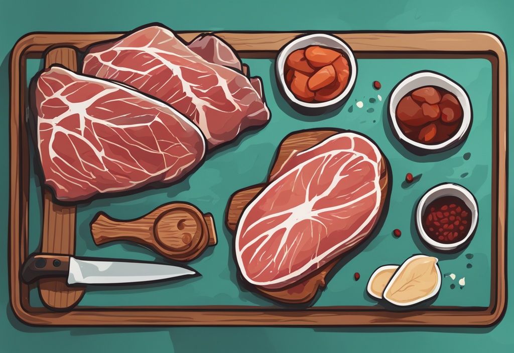 Illustrazione digitale moderna con tema principale in teal, raffigurante tagli di carne magra come petto di pollo, manzo magro e pesce su un tagliere, con icone che indicano alto contenuto proteico. Parole chiave: carne con più proteine.