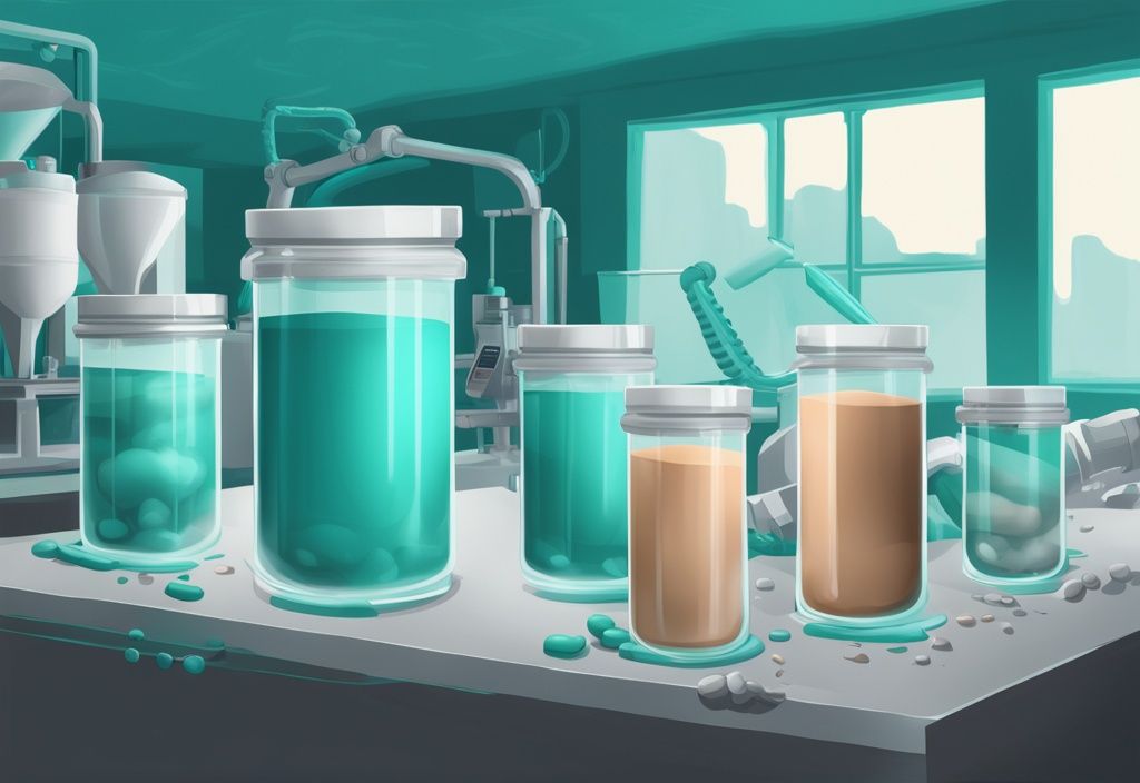 Illustrazione digitale moderna del processo di creazione di proteine in polvere con materie prime, macchinari di miscelazione e prodotto finale confezionato, tema principale color teal.