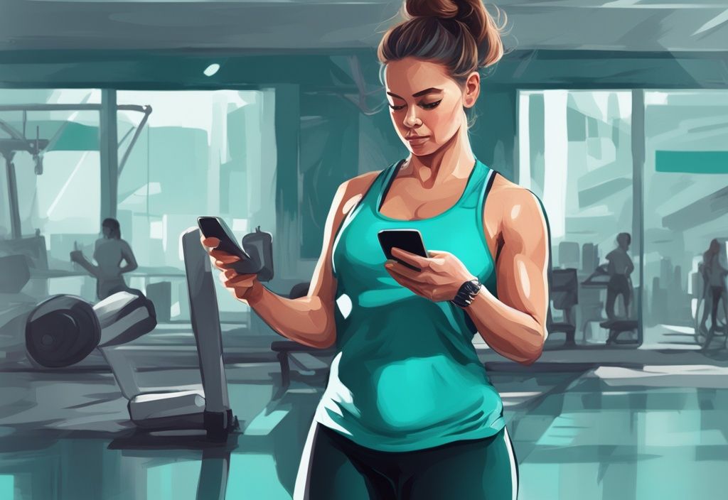 Illustrazione digitale moderna di un'appassionata di fitness che pesa 70 kg e consulta una tabella di assunzione di proteine sul suo telefono, con tema di colore principale teal.