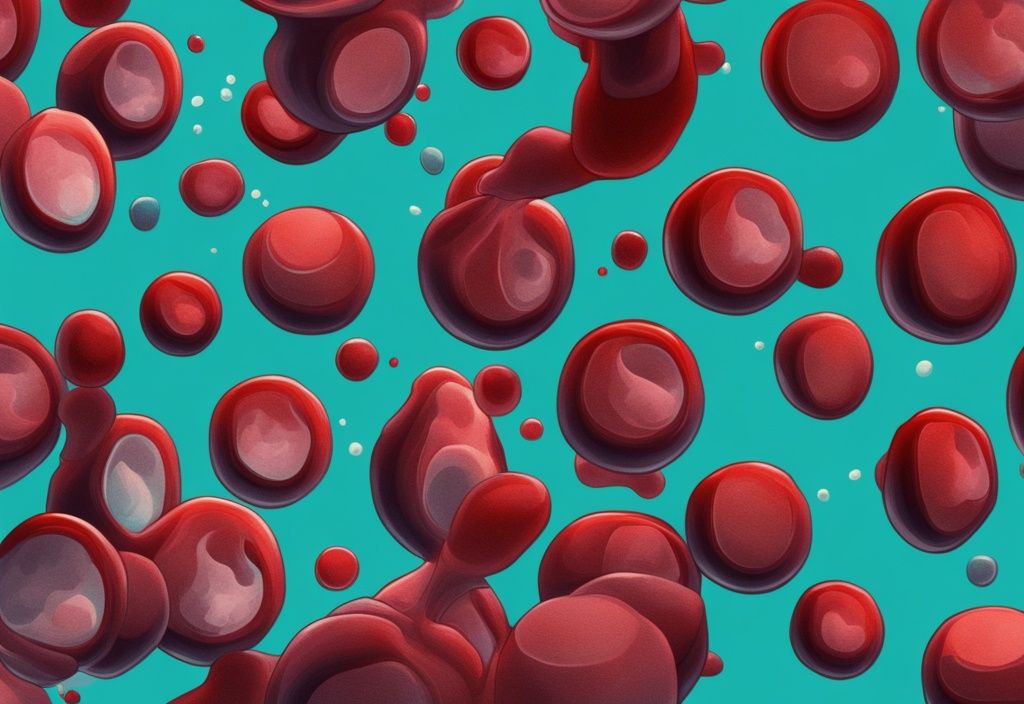 Illustrazione digitale moderna di cellule del sangue con proteine alte nel sangue evidenziate, tema principale color teal.