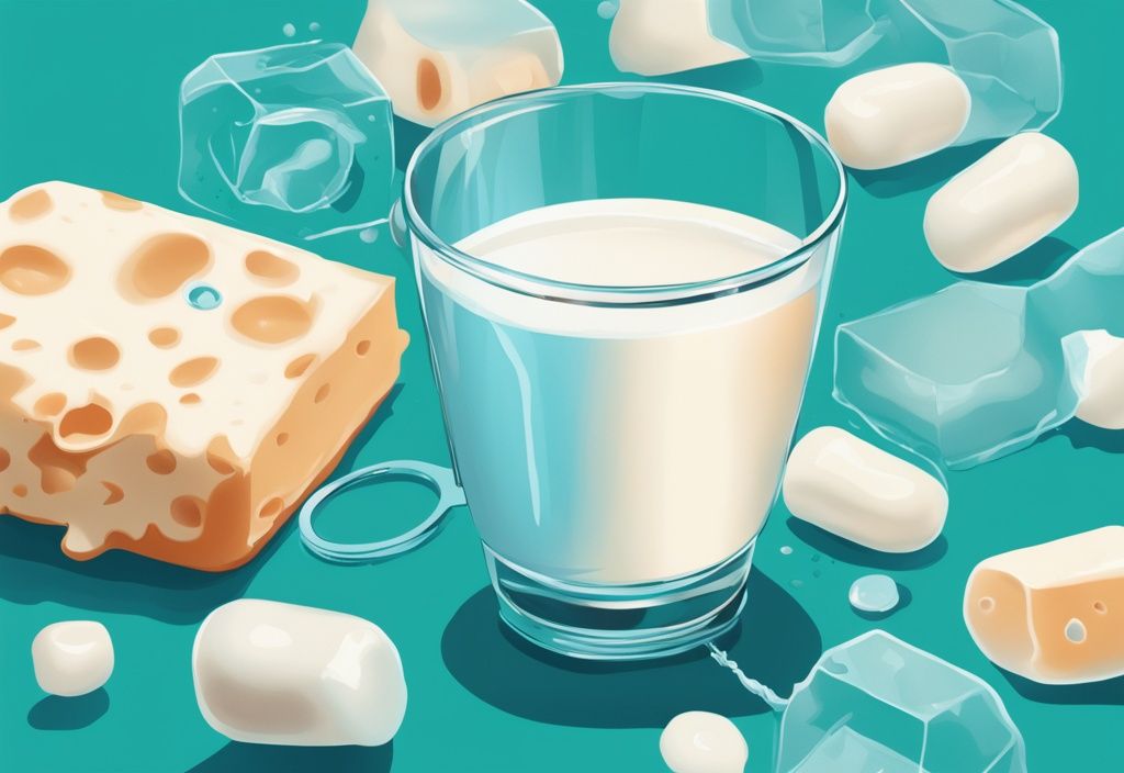 Illustrazione digitale moderna con tema principale in teal, primo piano di un bicchiere di latte con una lente d'ingrandimento che rivela che le proteine del latte contengono lattosio.