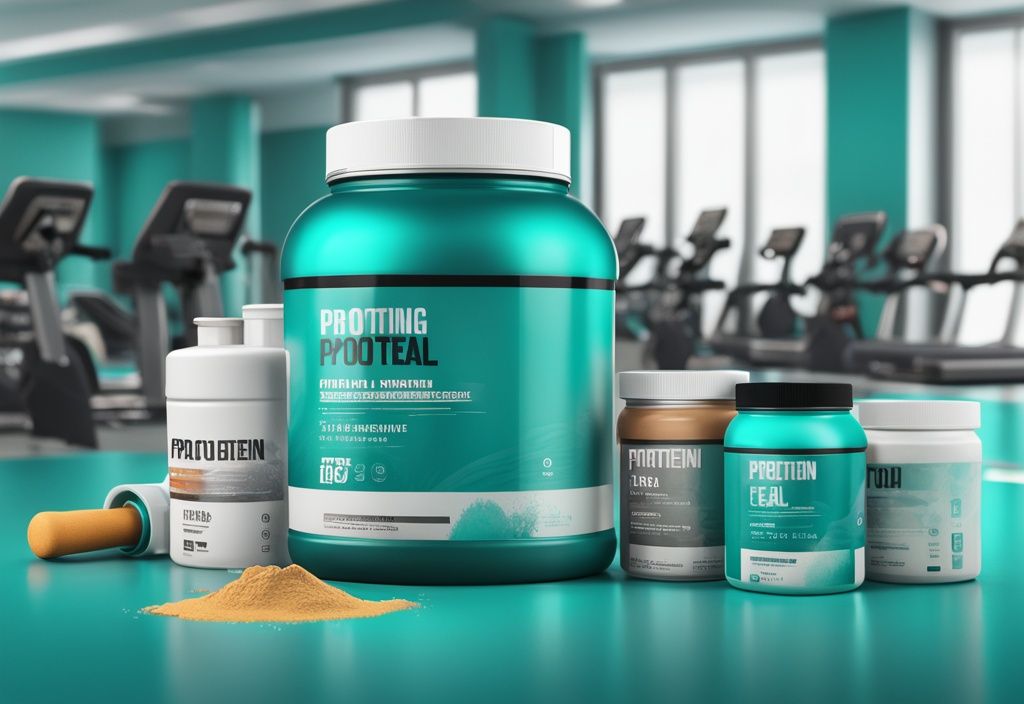 Illustrazione moderna di pittura digitale con tema principale color teal, contenitori di polvere proteica top-rated disposti in un ambiente elegante da palestra con diverse attrezzature fitness sullo sfondo.