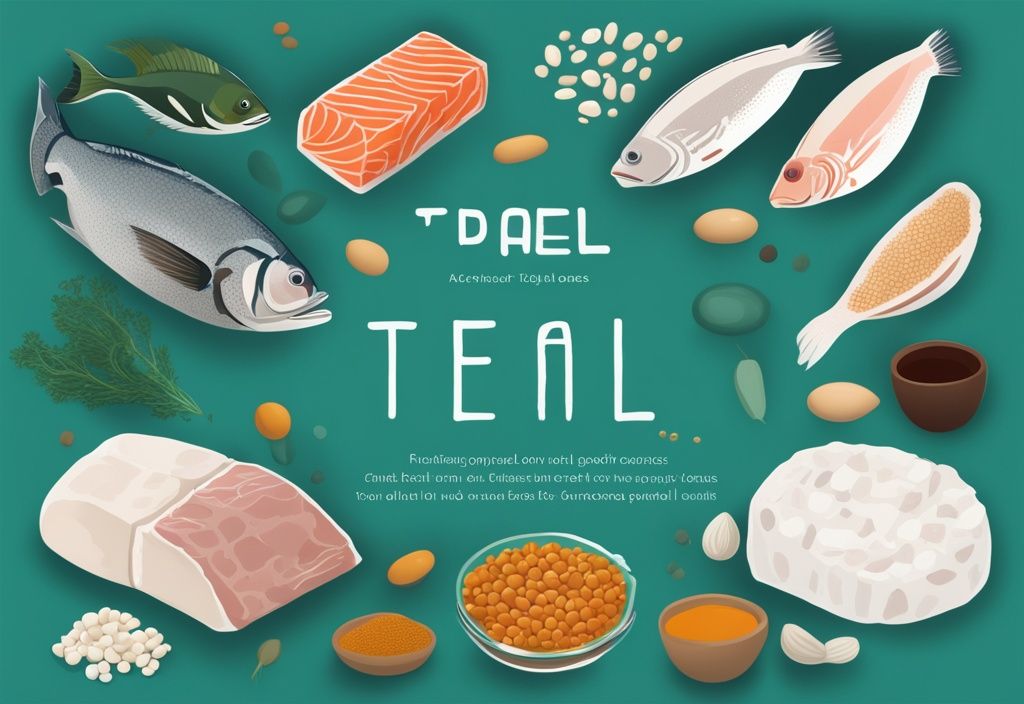 Illustrazione digitale moderna con tema principale color teal, che mostra fonti di proteine come pesce, pollo, lenticchie e tofu, ciascuno etichettato.