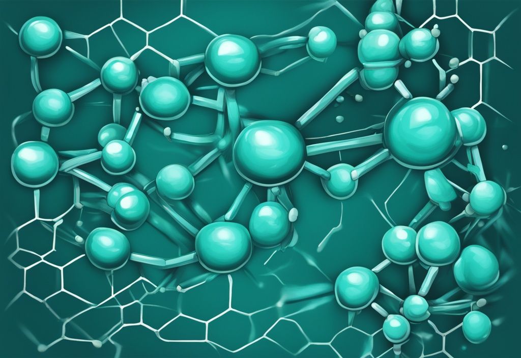 Illustrazione digitale moderna con tema principale color teal, diagramma illustrativo della struttura e legame degli amminoacidi e proteine per formare proteine complesse.