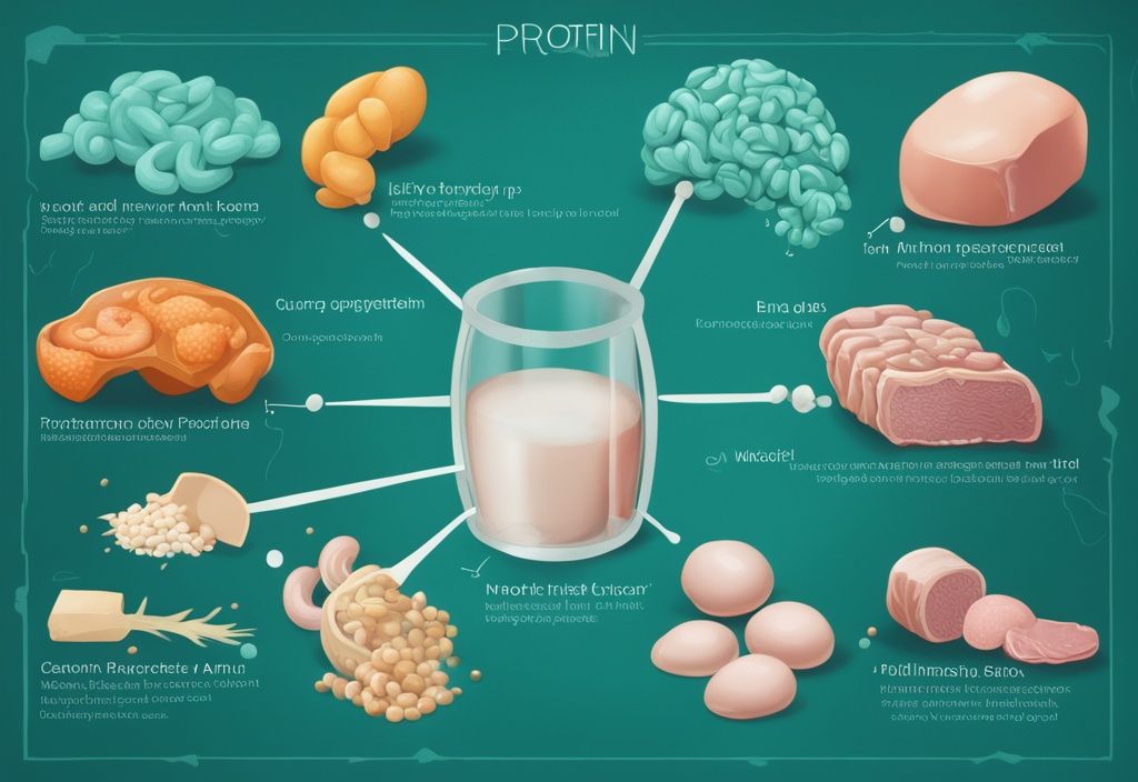 Illustrazione digitale moderna della digestione delle proteine, con tema principale color teal, che mostra alimenti ricchi di proteine scomposti in aminoacidi nel sistema digestivo umano.