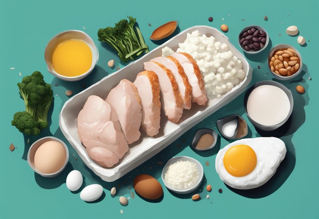 Illustrazione digitale moderna di cibi ricchi di proteine come petto di pollo, uova, tofu, fagioli e formaggio cottage con banner "60 Grammi di Proteine" - come assumere 60 grammi di proteine al giorno.