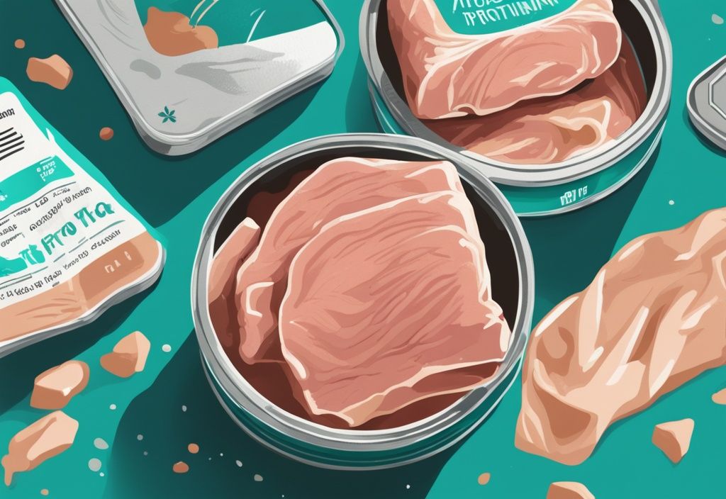 Illustrazione digitale moderna di una scatoletta di tonno aperta con etichetta nutrizionale che evidenzia l'alto contenuto di proteine tonno in scatola, tema colore principale teal.