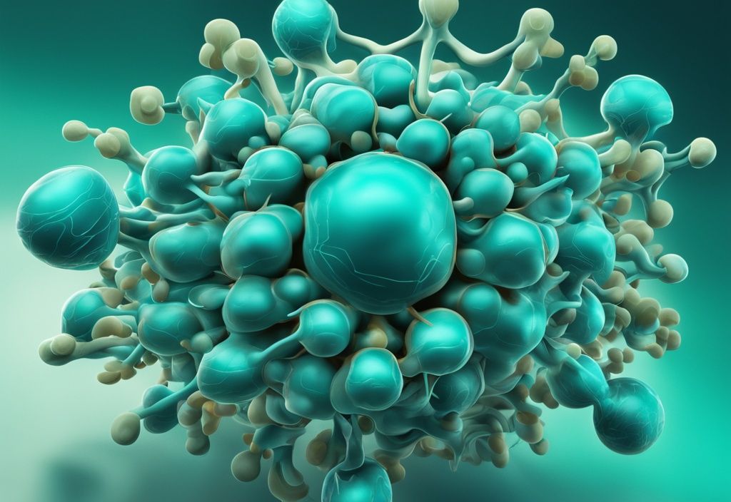 Illustrazione digitale moderna di recettori accoppiati a proteine G in 3D, interagenti dinamicamente all'interno di una membrana cellulare, con tema colore principale teal.