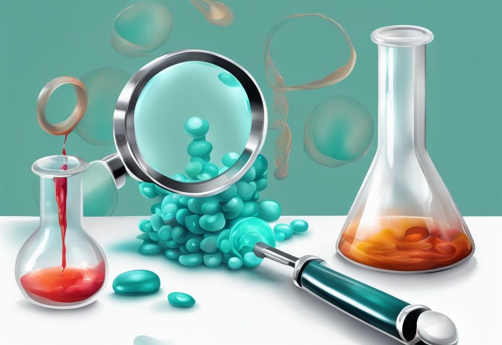 Illustrazione digitale moderna con lente d'ingrandimento che mette a fuoco un filamento 3D colorato di amminoacidi che si avvolgono in proteine su un tavolo da laboratorio bianco, tema colore principale teal.