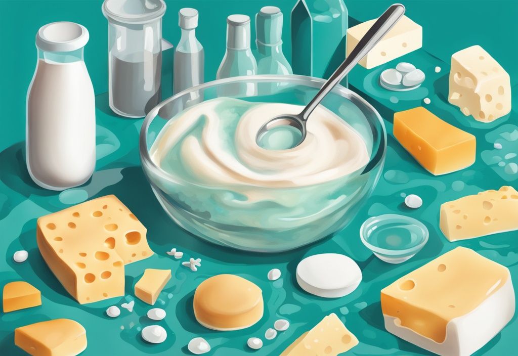 Illustrazione digitale moderna con tema principale color teal, prodotti lattiero-caseari come latte, formaggio e yogurt disposti artisticamente attorno a una lente d'ingrandimento che rivela strutture proteiche.