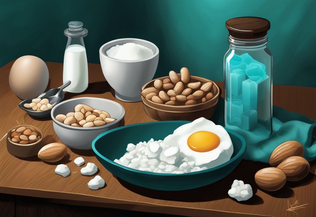 Illustrazione digitale moderna con tema principale color teal, raffigurante cibi ricchi di proteine come uova, ricotta e arachidi su un tavolo da cucina in legno scuro, con una clessidra sullo sfondo che simboleggia le proteine a lento rilascio.