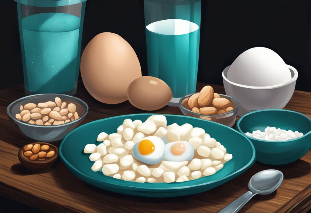 Illustrazione digitale moderna con tema principale in teal, raffigurante cibi ricchi di proteine come uova, cottage cheese e arachidi su un tavolo da cucina in legno scuro, con una clessidra sullo sfondo che simboleggia le proteine a lento rilascio.