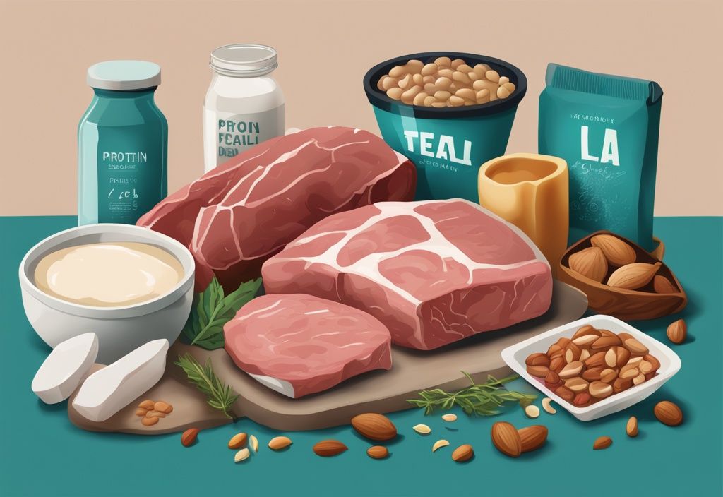 Illustrazione digitale moderna con tema principale in teal, che mostra vari alimenti come carne magra, latticini, legumi e noci, ciascuno con etichetta che indica 60 grammi di proteine.