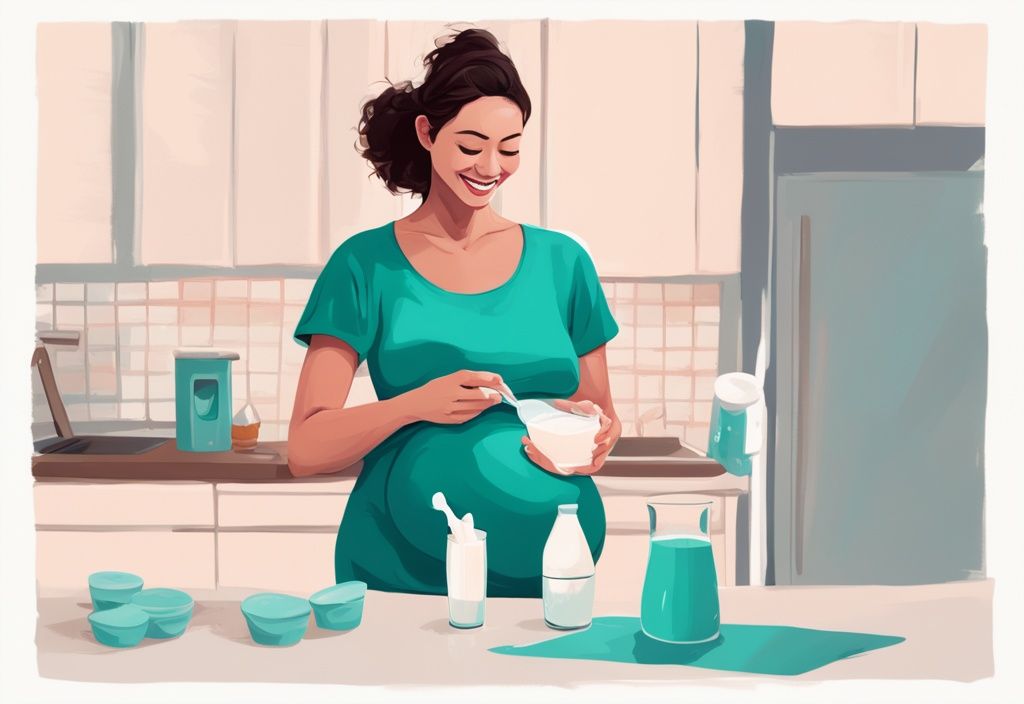 Illustrazione moderna digitale di una donna incinta che mescola felicemente una porzione di proteine nel suo bicchiere di latte, tema colore principale teal.