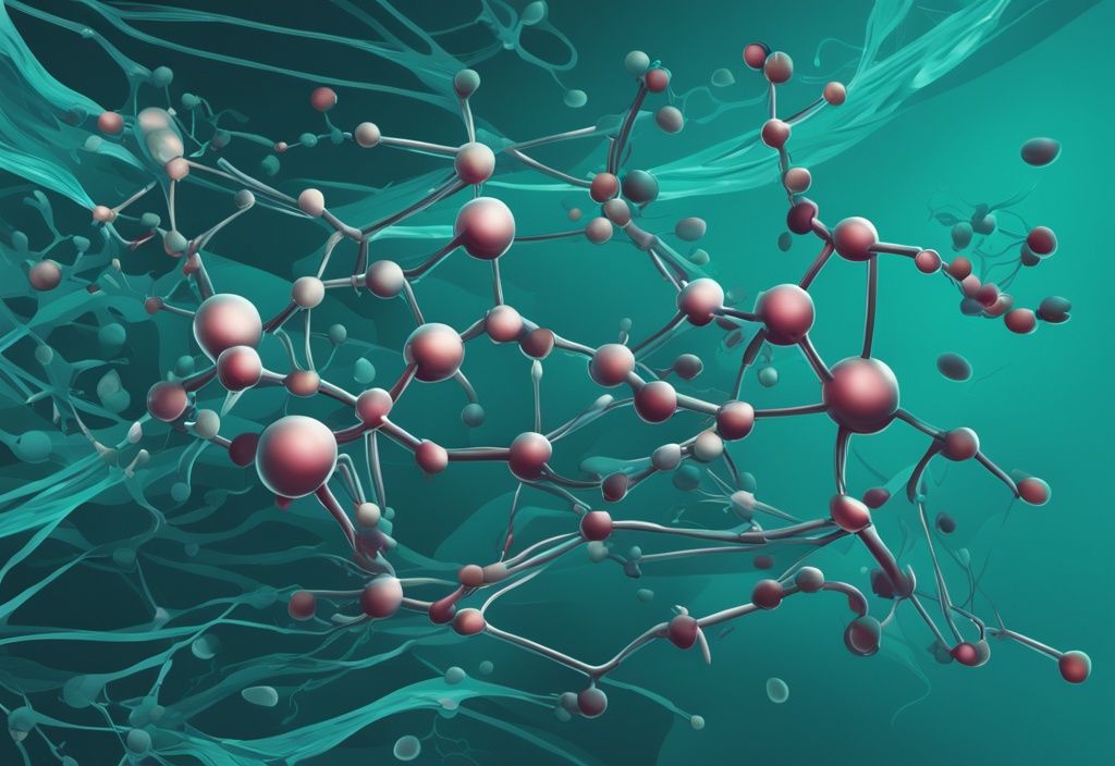 Illustrazione digitale moderna con tema principale color teal, diagramma illustrativo della struttura e legame degli amminoacidi e proteine per formare proteine complesse.