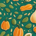 Illustrazione digitale moderna con semi di zucca freschi sparsi su una superficie di legno e un misurino di proteine di semi di zucca verdi.