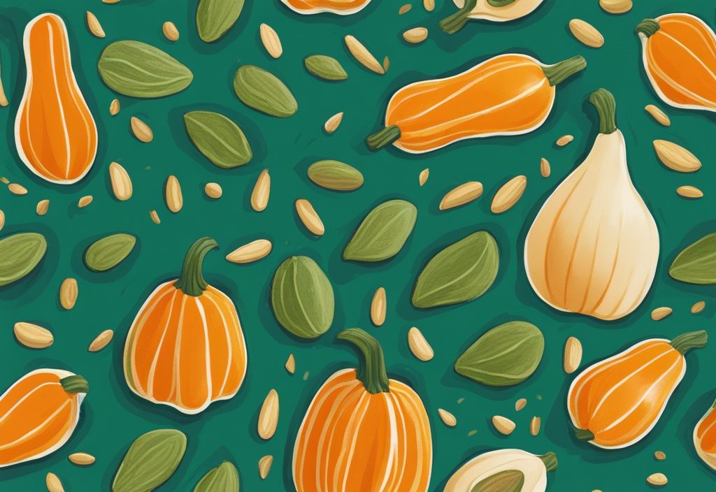 Illustrazione digitale moderna con semi di zucca freschi sparsi su una superficie di legno e un misurino di proteine di semi di zucca verdi.