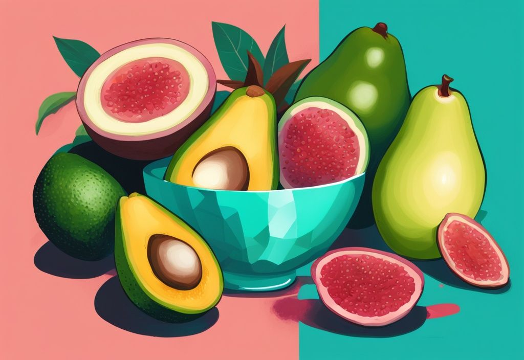 Illustrazione digitale moderna con frutta con più proteine come guava, avocado e frutto della passione su sfondo color teal.