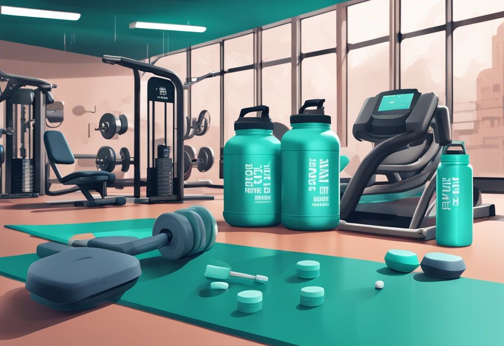 Illustrazione digitale moderna con contenitori di proteine in polvere di alta qualità su sfondo di palestra con attrezzature fitness, tema colore principale teal.