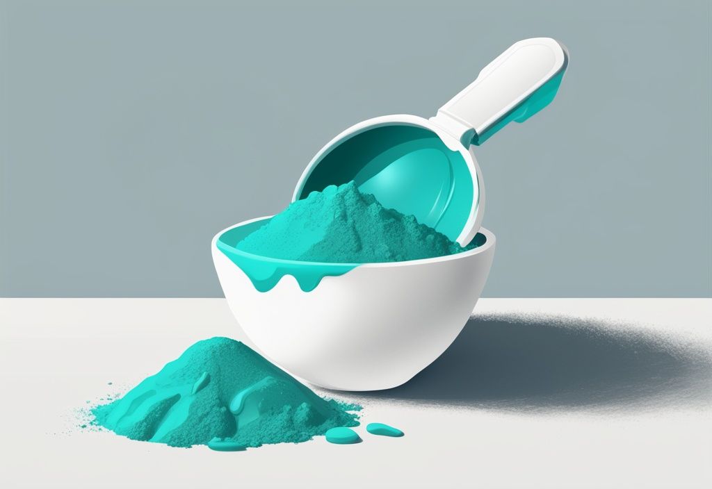 Illustrazione moderna con tema colore teal, primo piano di un misurino riempito di proteine in polvere isolate su sfondo bianco minimalista.