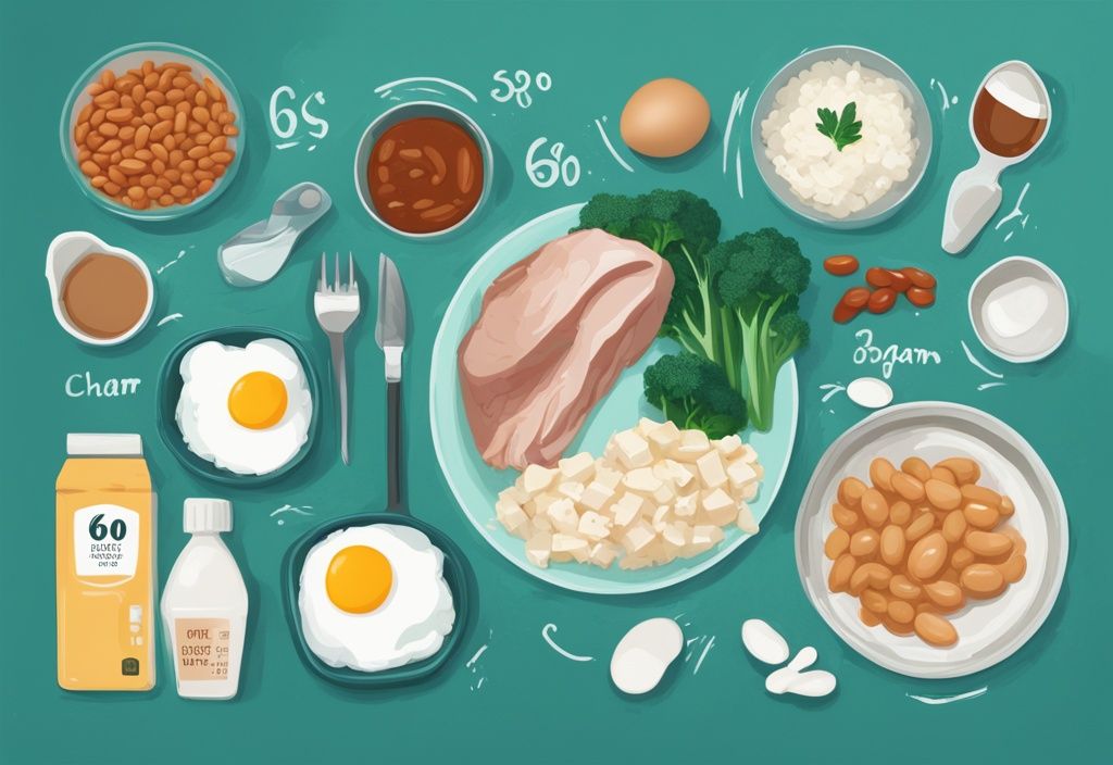 Illustrazione digitale moderna con tema colore teal che mostra cibi ad alto contenuto proteico come petto di pollo, uova, tofu, fagioli e formaggio cottage, con un banner che dice "60 Grams of Protein" – come assumere 60 grammi di proteine al giorno.