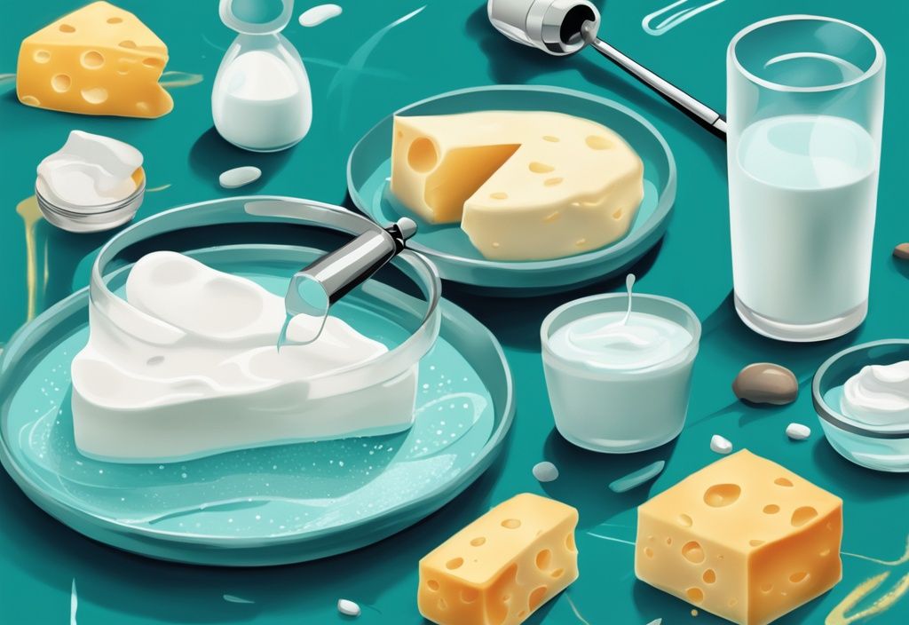 Illustrazione digitale moderna con tema principale color turchese, vari prodotti caseari come latte, formaggio e yogurt artisticamente disposti attorno a una lente d'ingrandimento che rivela strutture proteiche.