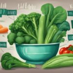 Illustrazione digitale moderna di verdure fresche come piselli, spinaci e broccoli con etichette che indicano il contenuto proteico, verdure con più proteine.