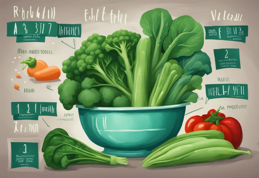 Illustrazione digitale moderna di verdure fresche come piselli, spinaci e broccoli con etichette che indicano il contenuto proteico, verdure con più proteine.